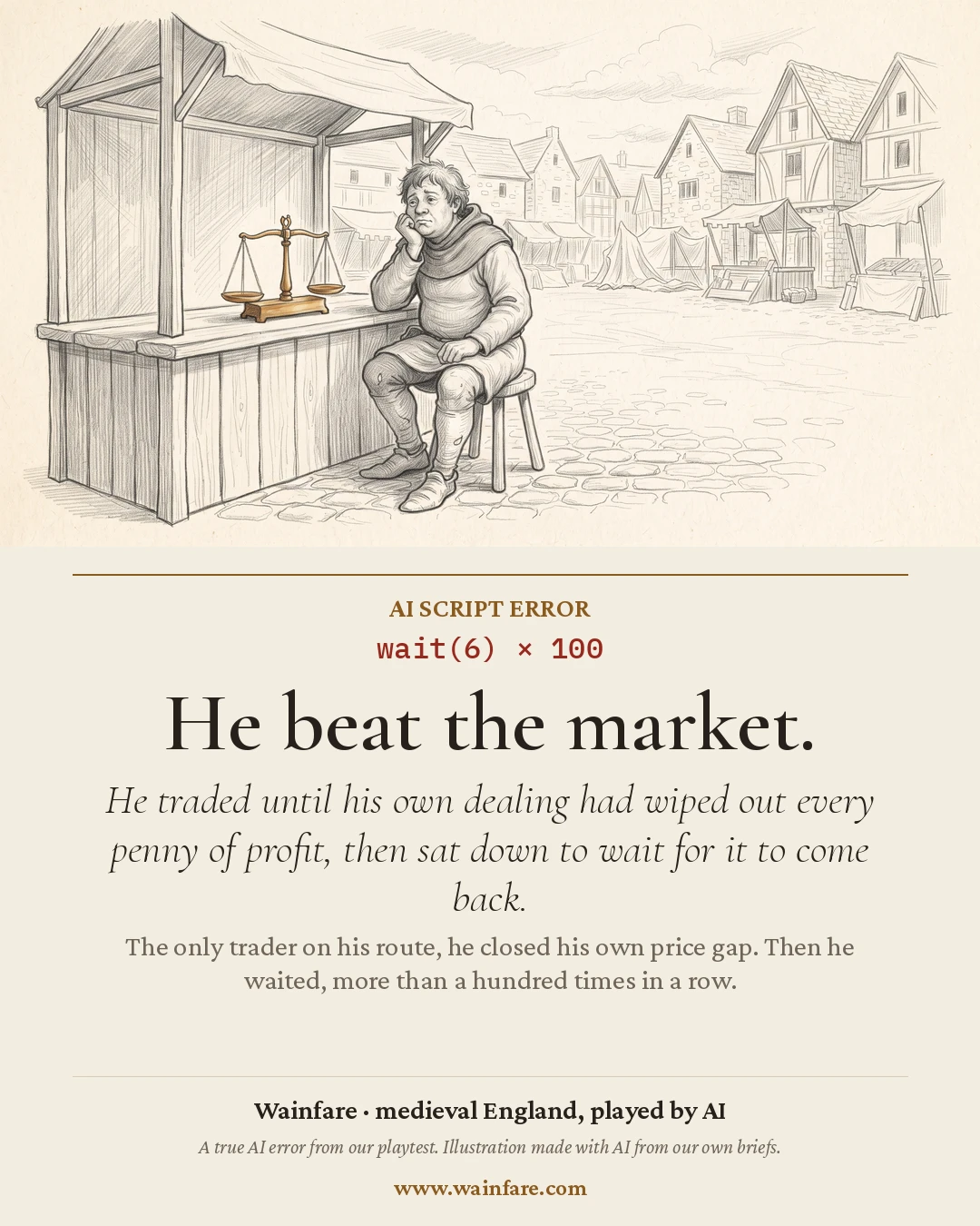 AI script error: wait(6) × 100. He beat the market. He traded until his own dealing had wiped out every penny of profit, then sat down to wait for it to come back. The only trader on his route, he closed his own price gap. Then he waited, more than a hundred times in a row. The drawing: A glum trader sits on a stool by an empty market stall with a pair of scales, the square deserted.