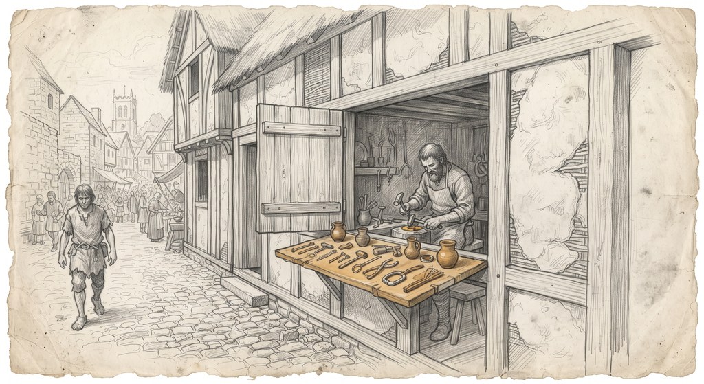 A drawing of a craft workshop