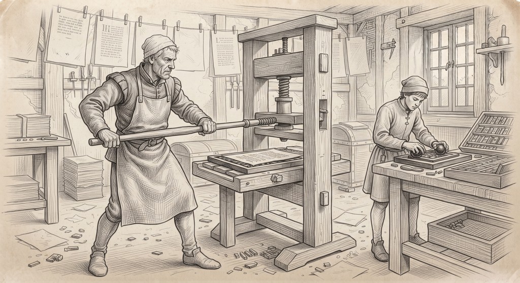 A drawing of printer or bookbinder at work