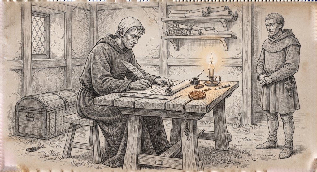 A drawing of scribe, scrivener or notary at work