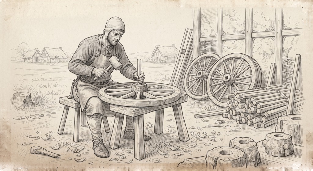 A drawing of wheelwright at work